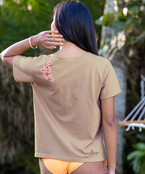 Cherry Blossom Branch - Kona Coffee Dyed Short Sleeve Scoop Neck T-Shirt