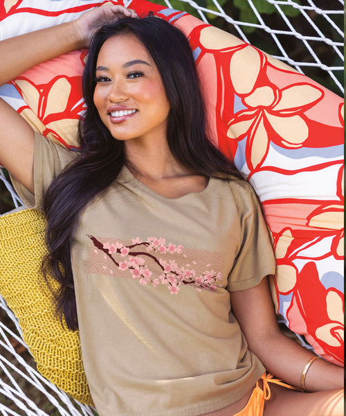 Cherry Blossom Branch - Kona Coffee Dyed Short Sleeve Scoop Neck T-Shirt